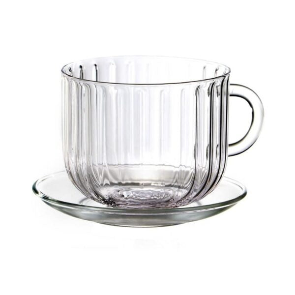 סט 6 ספל מאג - זכוכית פסים שקופה ותחתיות 440 מ”ל