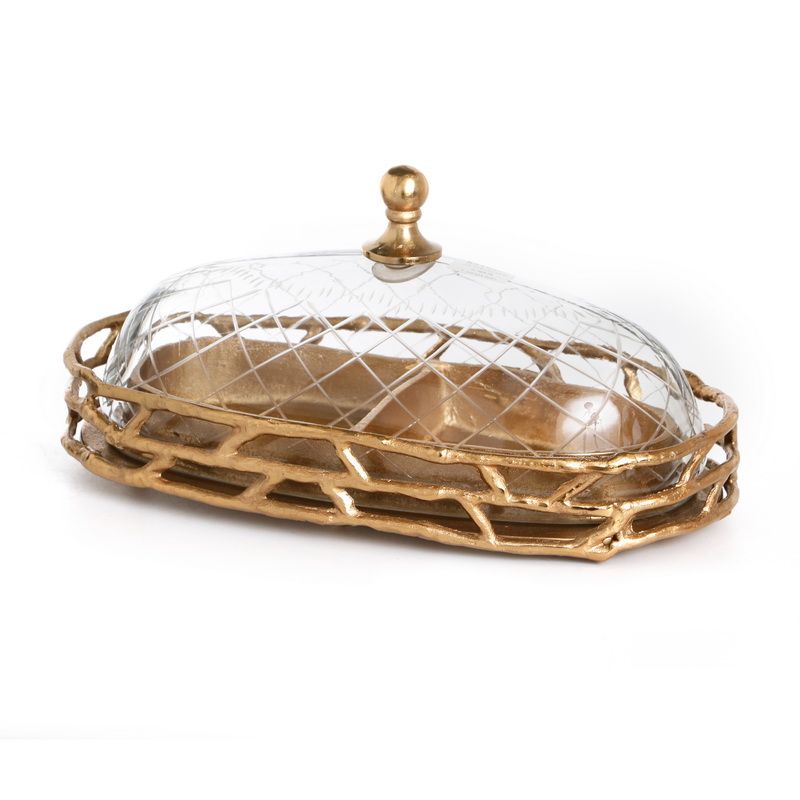 מגש אובלי מחולק ל-2 מתכת זהב + פעמון זכוכית שקוף 35X20 ס”מ