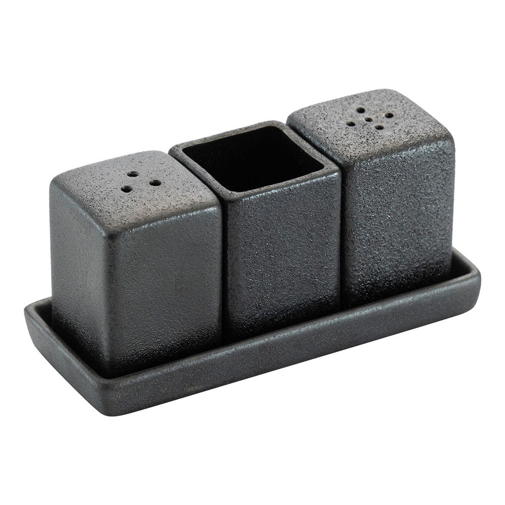 סט מלח  פלפל + מעמד קיסמים מרובע פורצלן שחור מט