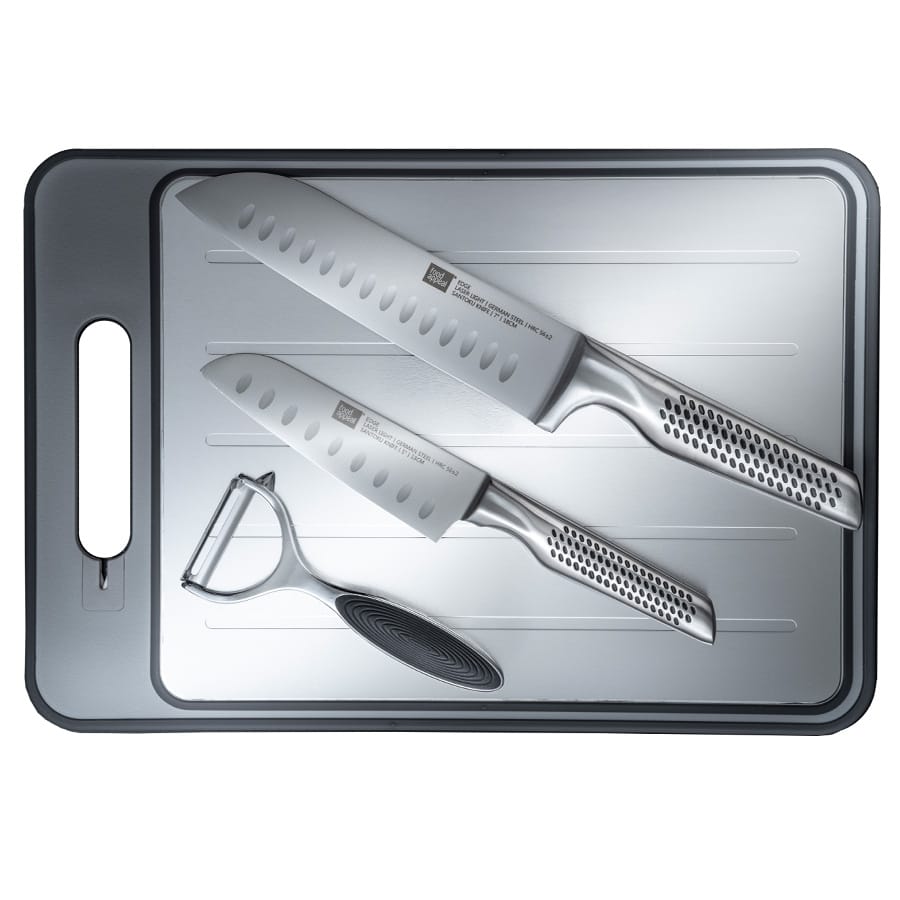 מארז 4 חלקים - סכיני סנטוקו 13\18 ס"מ , קולפן וקרש חיתוך מבית FOOD APPEAL