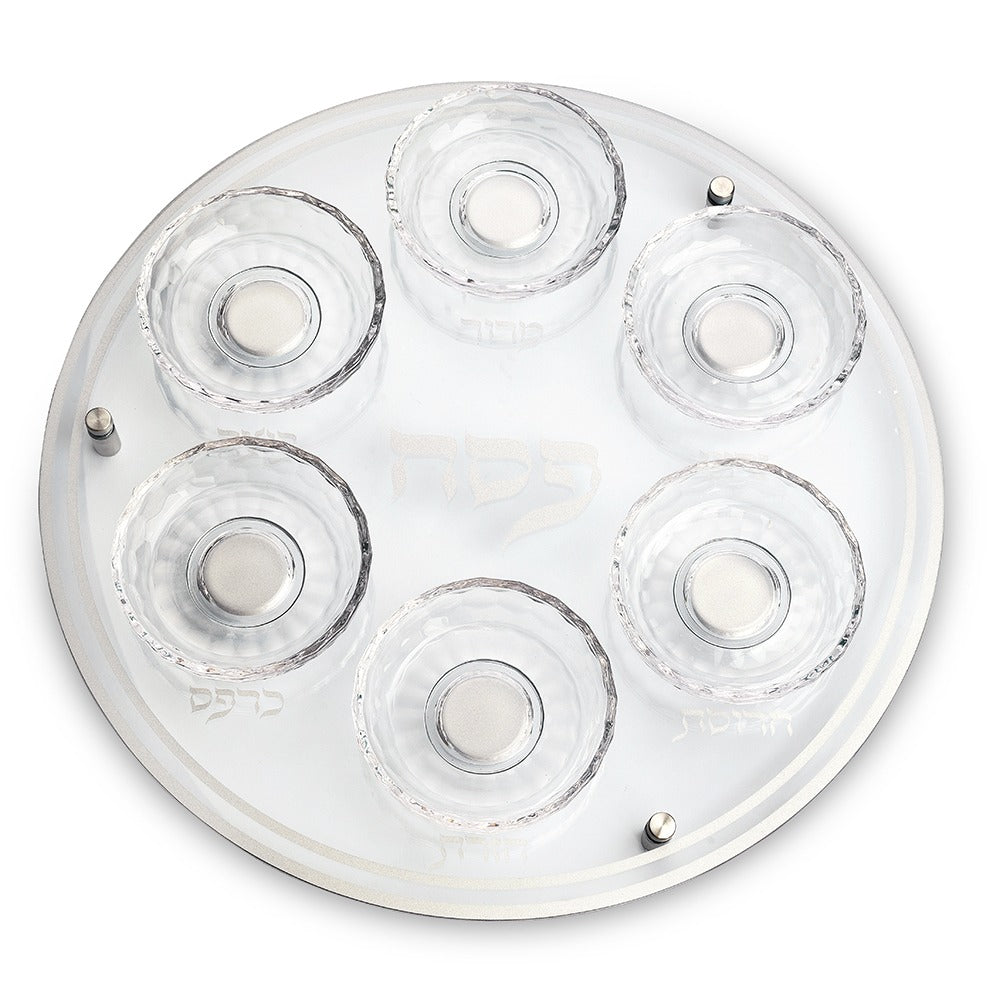 מגש קערה לפסח -זכוכית וקריסטל מהודרת 40 ס"מ כיתוב כסף