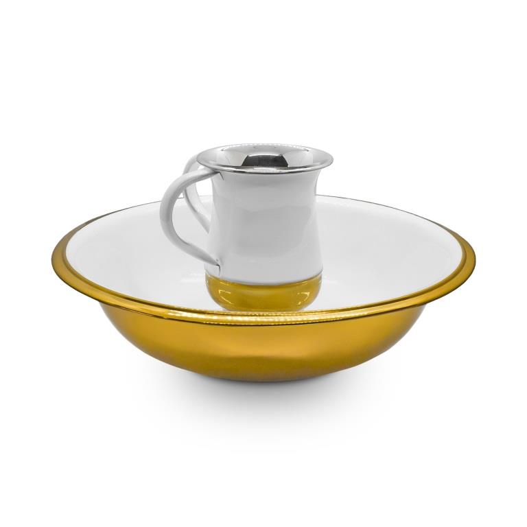 סט נטילת ידיים - נירוסטה אמייל לבן וזהב