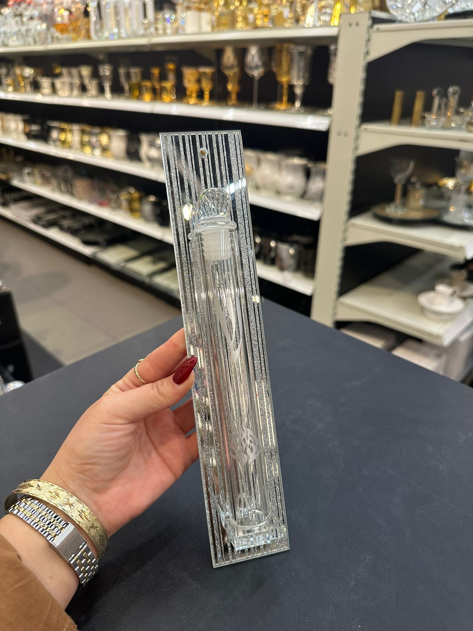 בית מזוזה - קריסטל 'האש שלי' שקוף כיתוב לבן 15 ס"מ