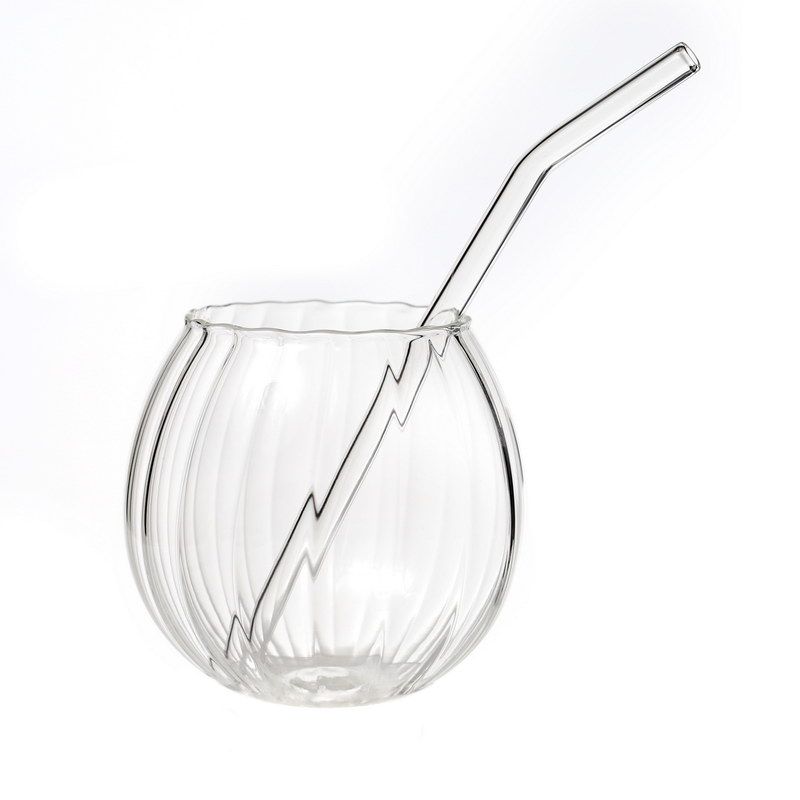 זוג כוס שתייה - זכוכית פסים כדוריים וקשית שקופה 400 מ"ל