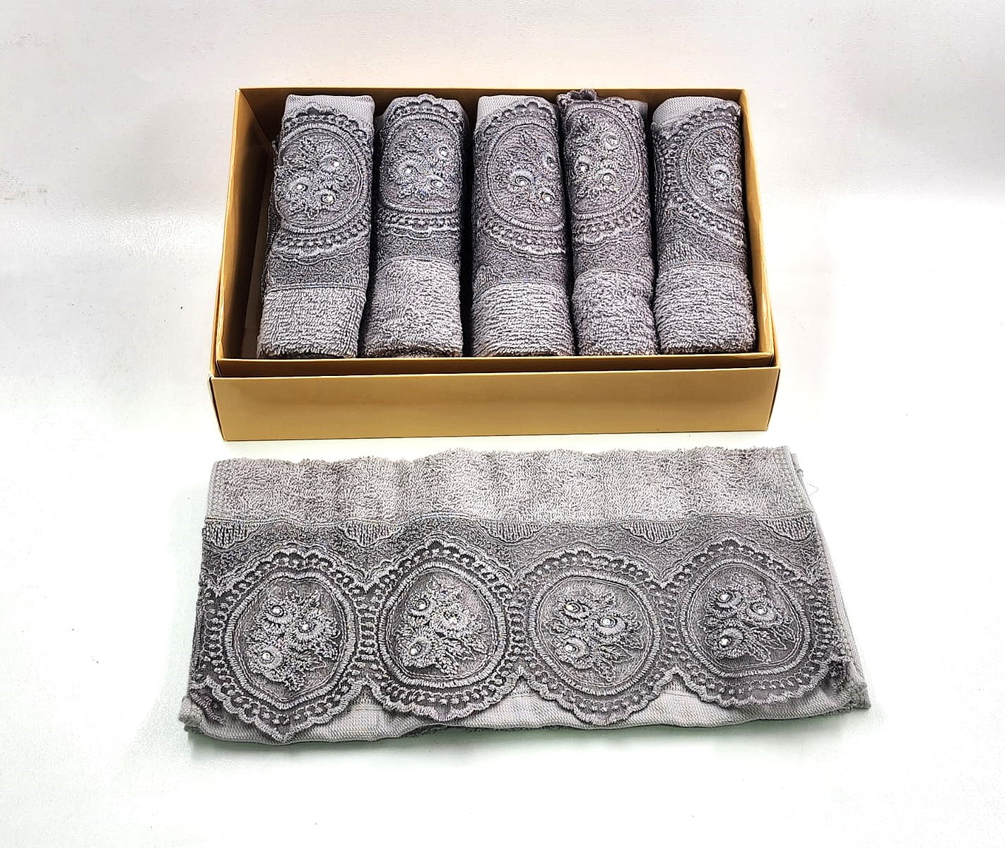 סט 6 מגבות ידיים - תחרה אפורות 40X60 ס"מ