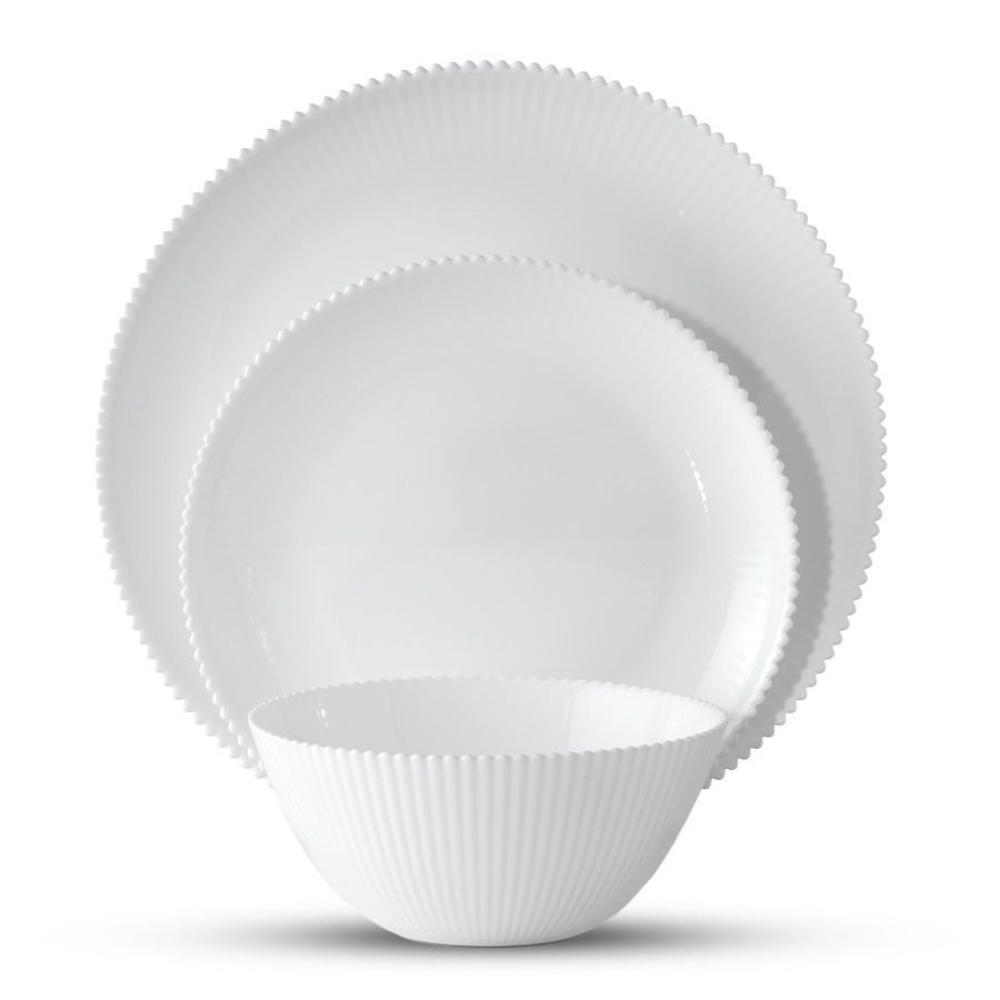 סט צלחות אוכל 18 חלק זכוכית אנטי צ'יפ אופל לבן מרוקע STRIPES