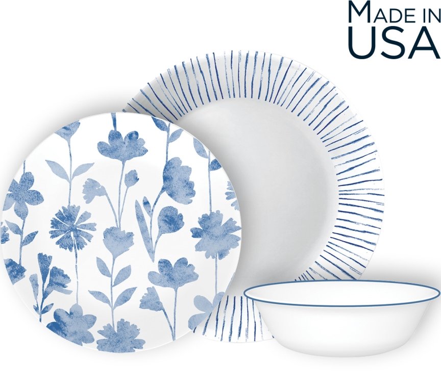 סט צלחות 18 חלקים , דגם Botanical Stripes פרחים קורנינג CORELLE