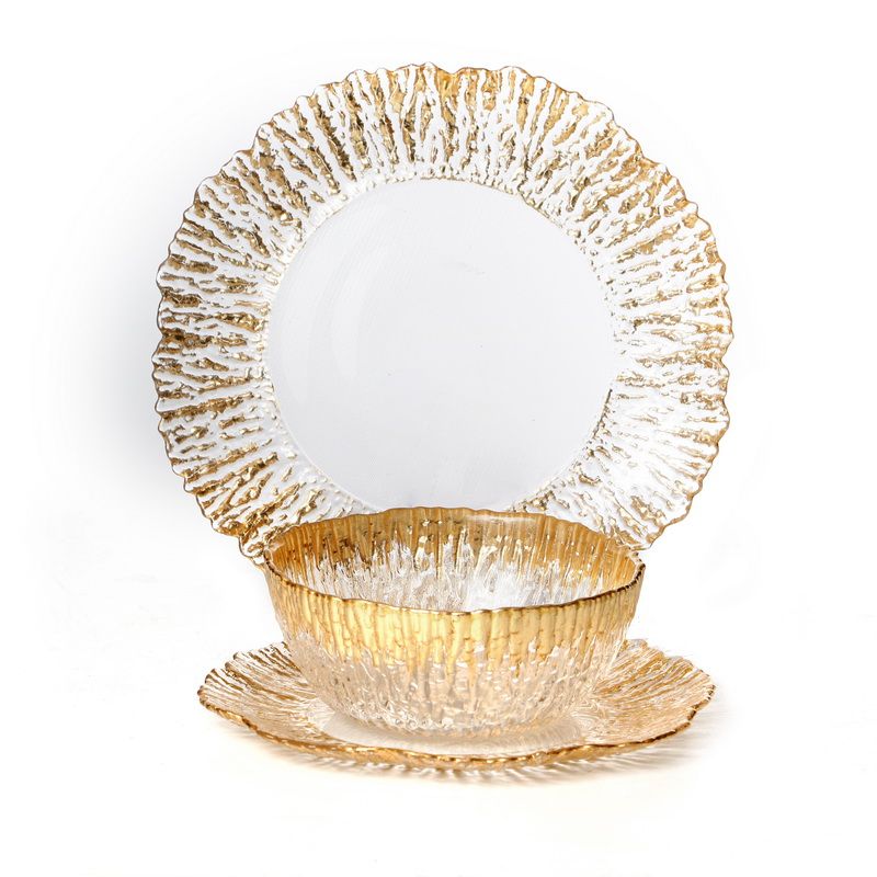 סט צלחות 18 חלקים – זכוכית אמבר זהב פס זהב שוליים מחוספסים ADI