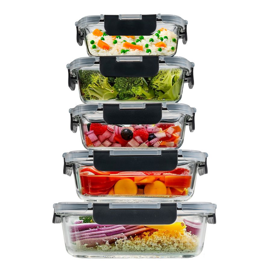 סט 5 כלי אחסון זכוכית 1520+1050+640+640+370 מ"ל GLASS CLOC עם מכסים וקליפס שחור מבית Food appeal