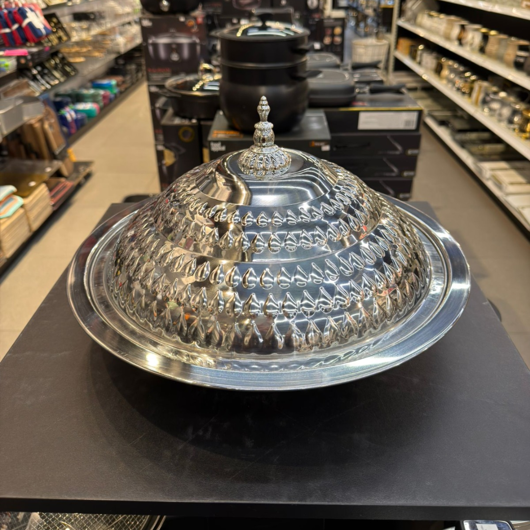 קערת הגשה טאג׳ין נירוסטה כסף + מכסה 40 ס״מ