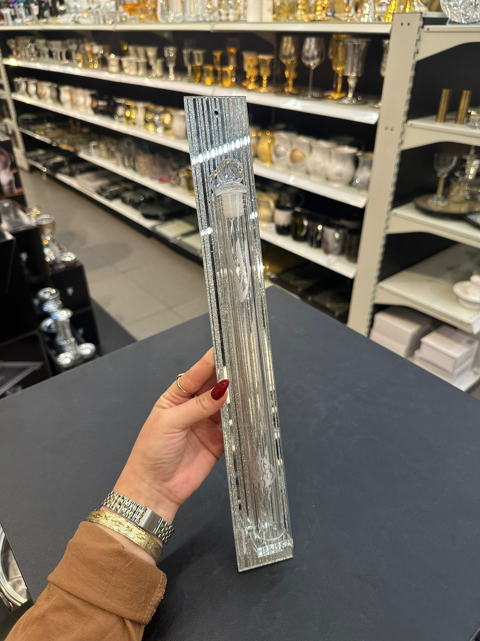 בית מזוזה - קריסטל 'האש שלי' שקוף כיתוב לבן 25 ס"מ