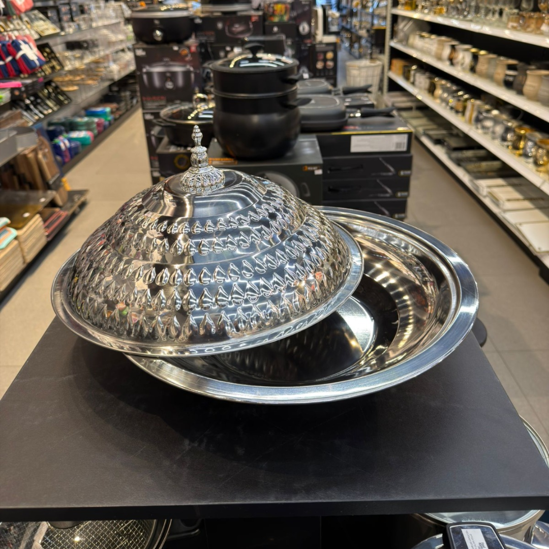 קערת הגשה טאג׳ין נירוסטה כסף + מכסה 40 ס״מ