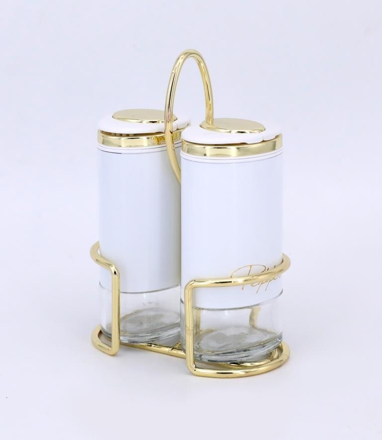 סט מלחיות - מלח פלפל זכוכית לבן על מעמד נירוסטה זהב 115 מ"ל