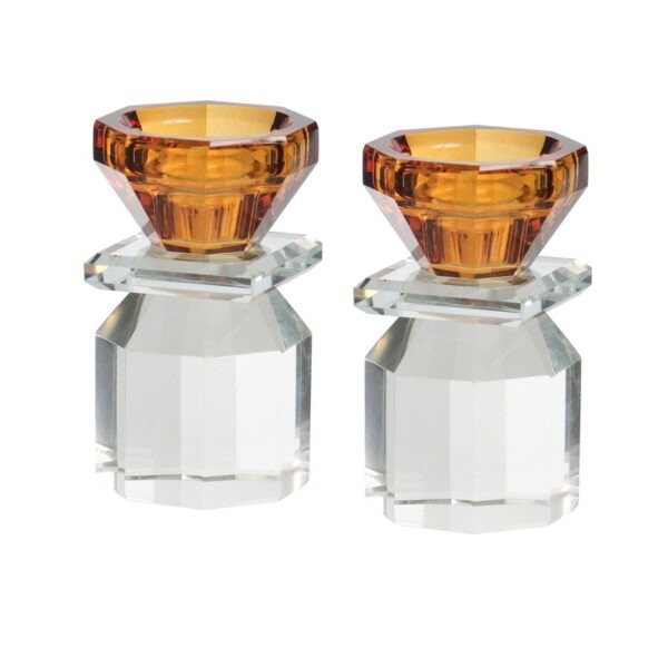 זוג פמוט - קריסטל אמבר בסיס שקוף גובה 10 ס”מ 5.5/5.5 ס”מ