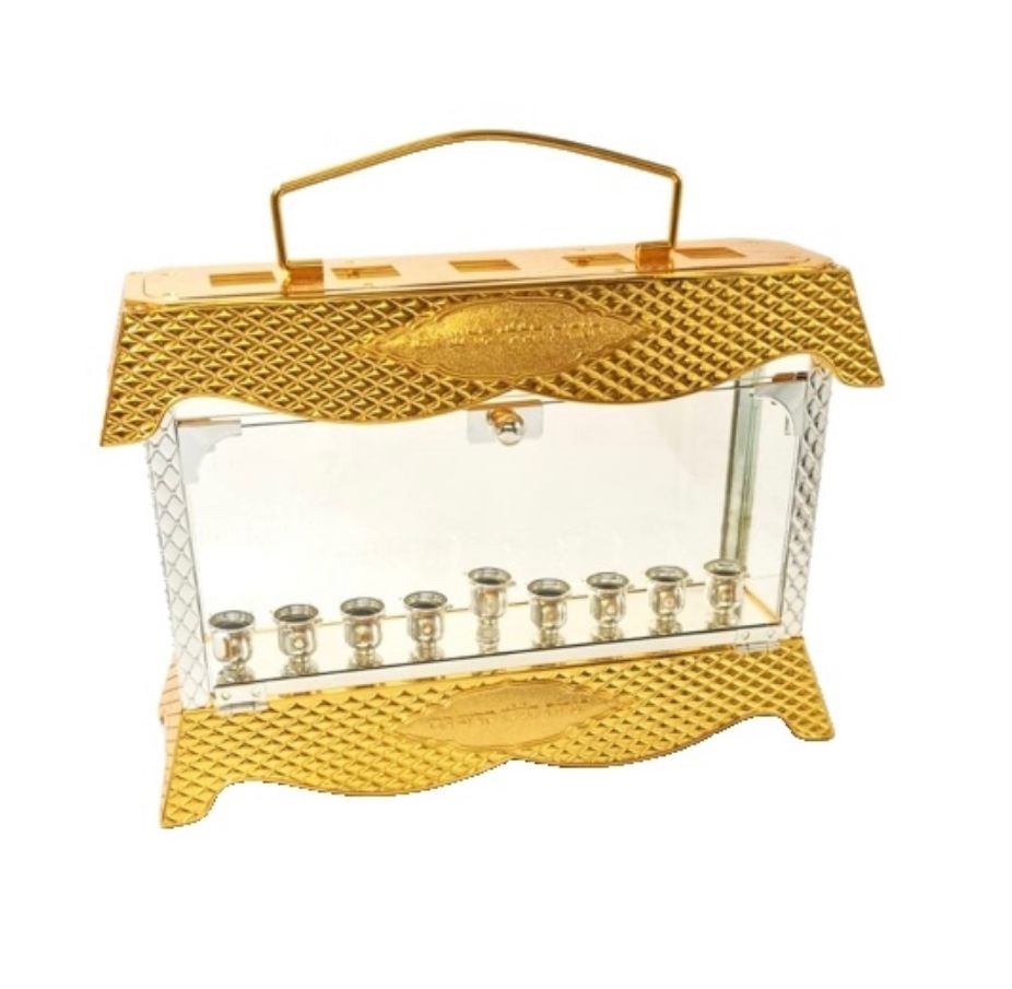 חנוכיה תיבה – זהב משולב כסף זכוכית לחנוכה ושבת 26X37X13 ס"מ