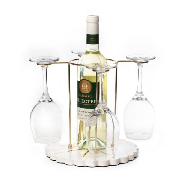 מעמד לבקבוק יין ול 4 גביעים (כלולים) - מתכת זהב בסיס שיש לבן 30X30 גובה 22 ס”מ