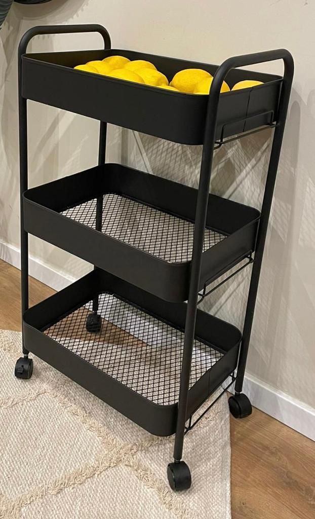 מעמד ירקות עגלה 3 קומות שחור מט - סלסלה מלבנית