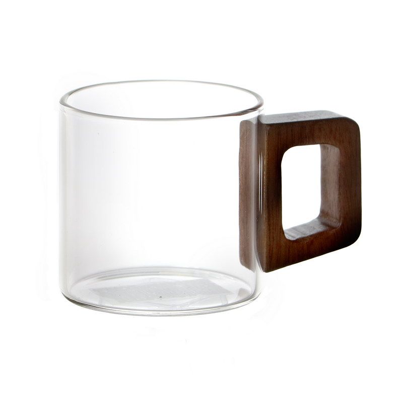 סט 6 כוס ספל - זכוכית שקופה וידית עץ 100 מ"ל