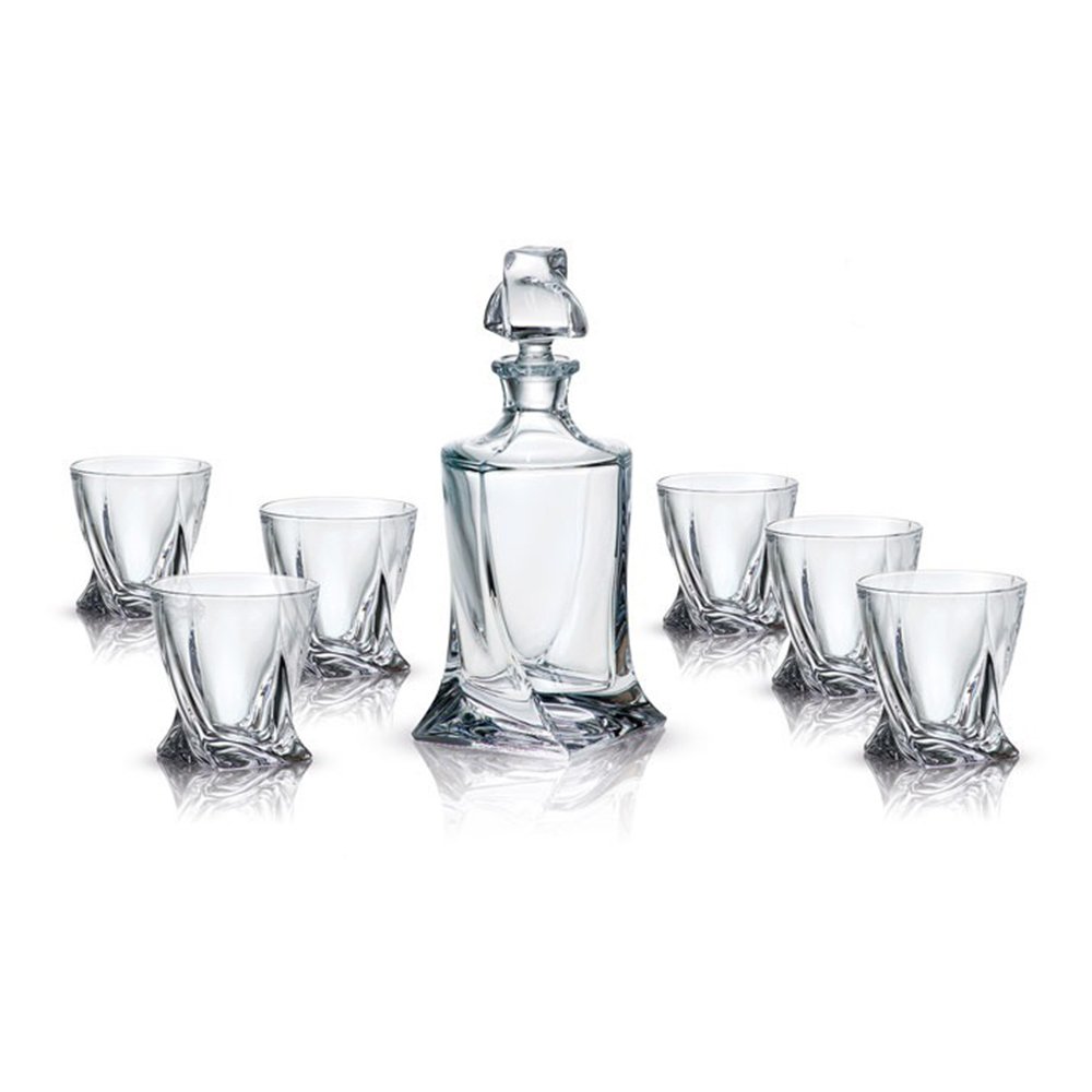 סט 6 כוס ויסקי 340 מ"ל + דיקנטר 850 מ"ל קריסטל בוהמיה דגם QUADRO