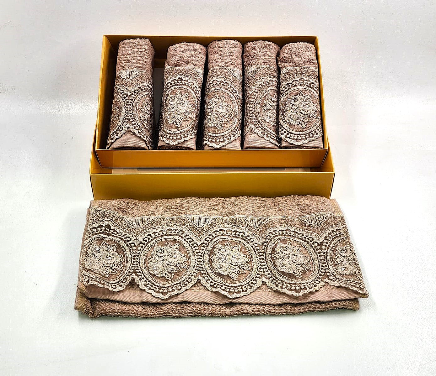 סט 6 מגבות ידיים - תחרה מוקה 40X60 ס"מ