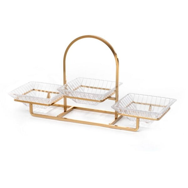 מעמד הגשה מתכת זהב - עם 3 קעריות זכוכית 39X12 גובה 20 ס”מ