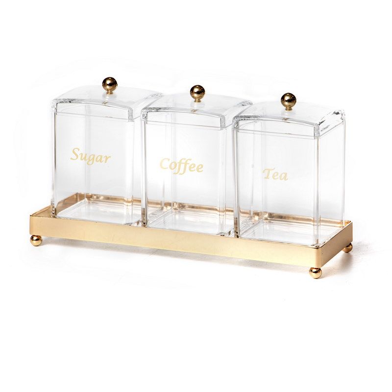 סט תה קפה סוכר - מרובע שקוף על מגש מראה זהב 30X11 גובה 28 ס"מ