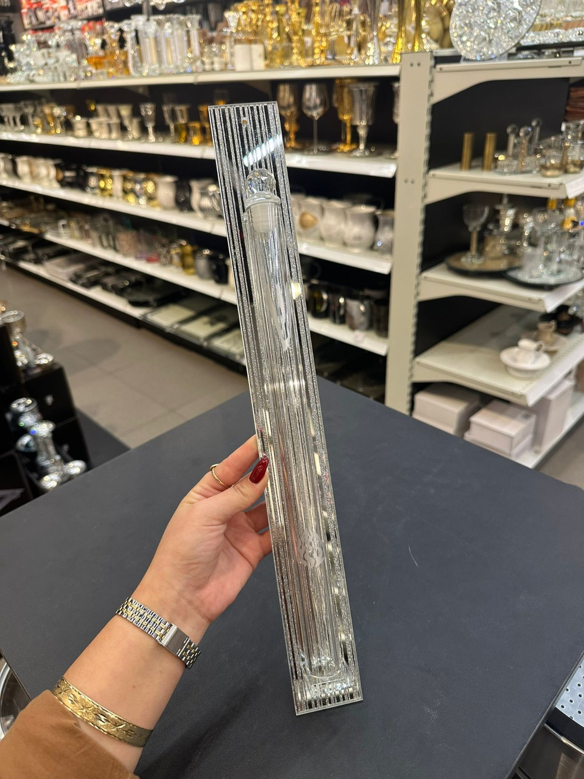 בית מזוזה - קריסטל 'האש שלי' שקוף כיתוב לבן 30 ס"מ