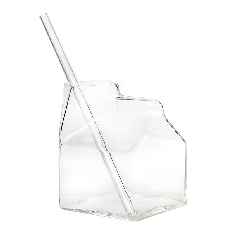 זוג כוס שתייה - זכוכית צורת קרטון חלב וקשית שקופה 350 מ"ל