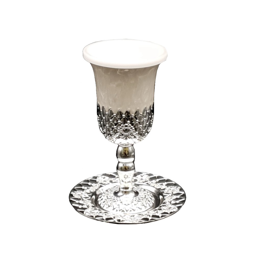 כוס קידוש - כסף ואמייל דגם מעוינים 14.5 ס"מ