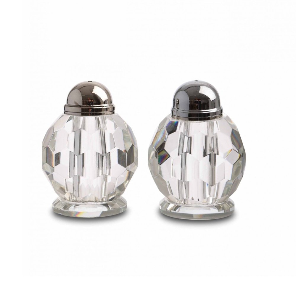 זוג מלחיות - זכוכית קריסטל עגולות ראש ניקל 8 ס"מ