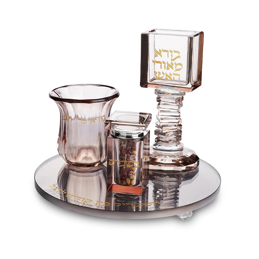 סט הבדלה - מהודר מקריסטל רוז גולד עם מגש שחור עגול 20 ס"מ