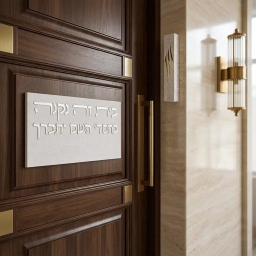 סט בית מזוזה מפולימר בטון בהיר 15 ס" + שלט לכניסה -