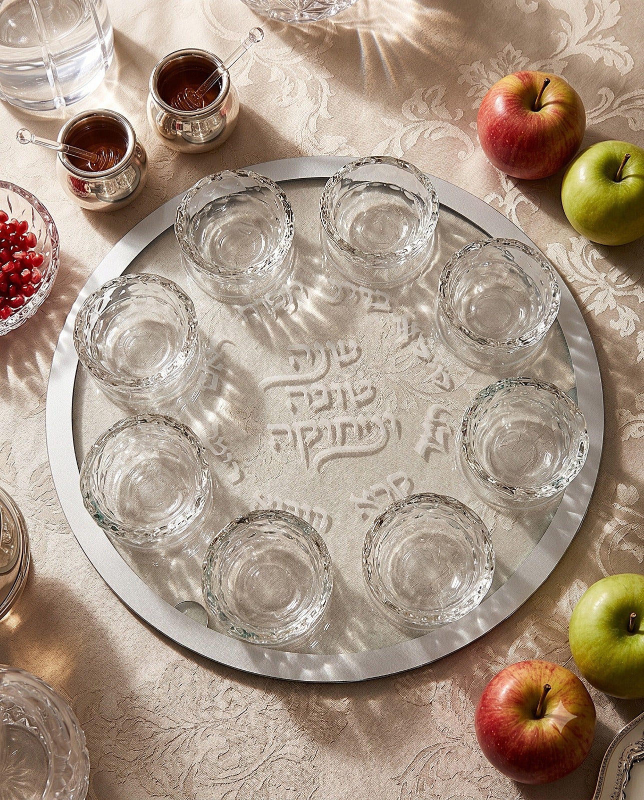 מגש ברכות לראש השנה - זכוכית שקוף קעריות פס וכיתוב כסף