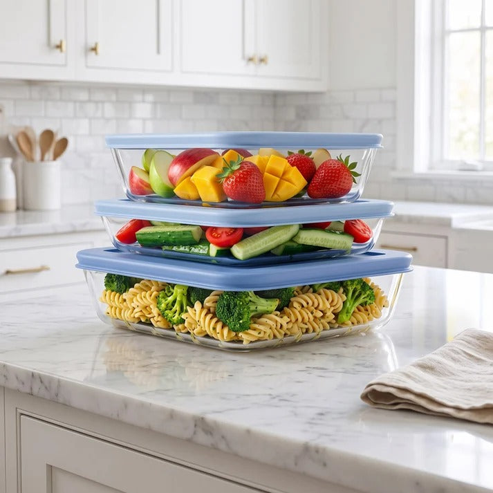סט אחסון זכוכית 3 חל' 650+1150+1950 מ"ל GLASS FOOD כחול FoodAppeal