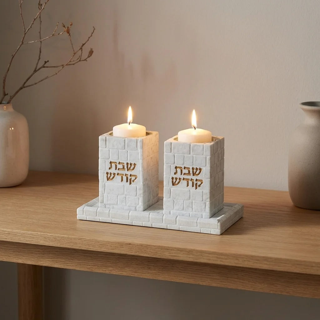 זוג פמוט - עם מגש פולימר בטון 'שבת קודש' + גב אחורי 'האש שלי'
