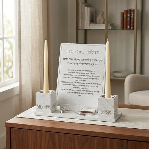זוג פמוט - סט פולימר בטון מגש להדלקת נרות ברכה + זוג פמוטים מהודרים