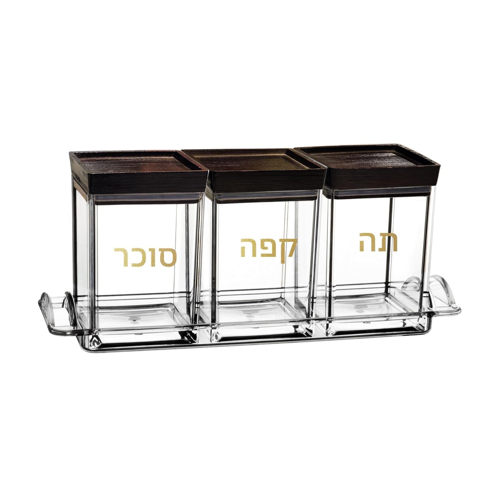 סט תה קפה סוכר – אקריל מכסה עץ עם כיתוב זהב + מגש
