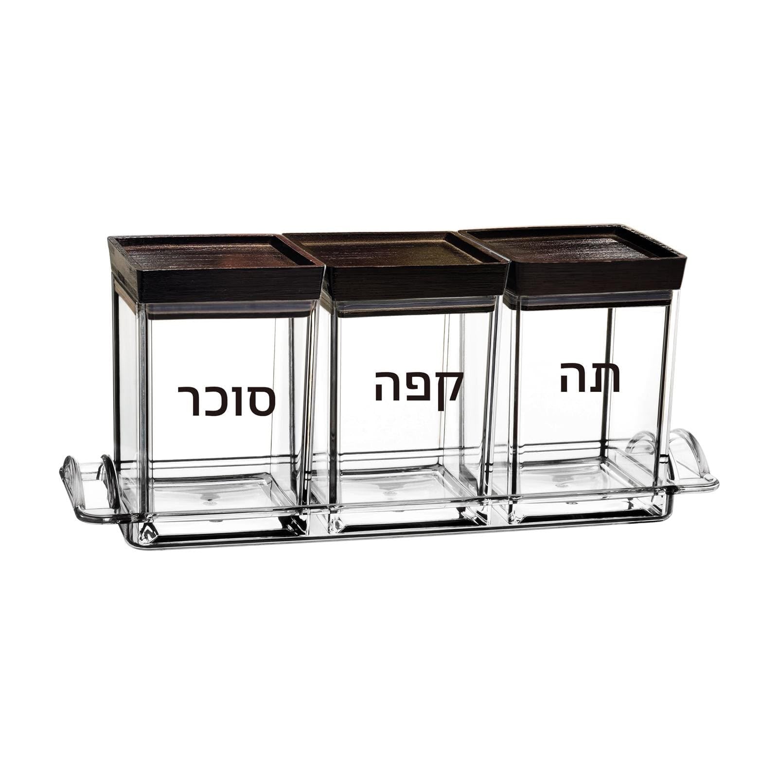 סט תה קפה סוכר – אקריל מכסה עץ עם כיתוב שחור + מגש