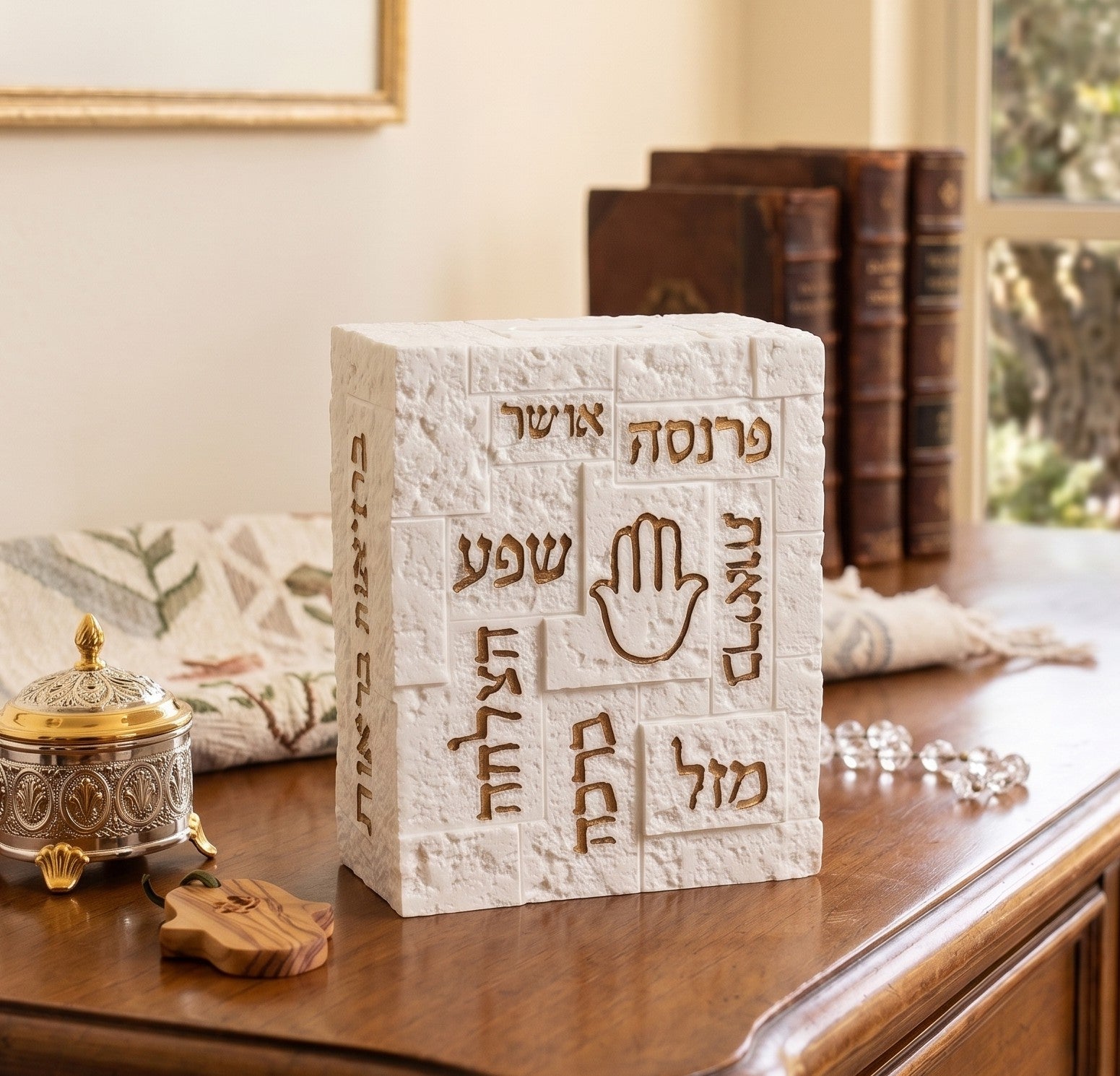 קופת צדקה - פולי אבן לבן זהב כותל חמסה וברכות 11×12 ס"מ