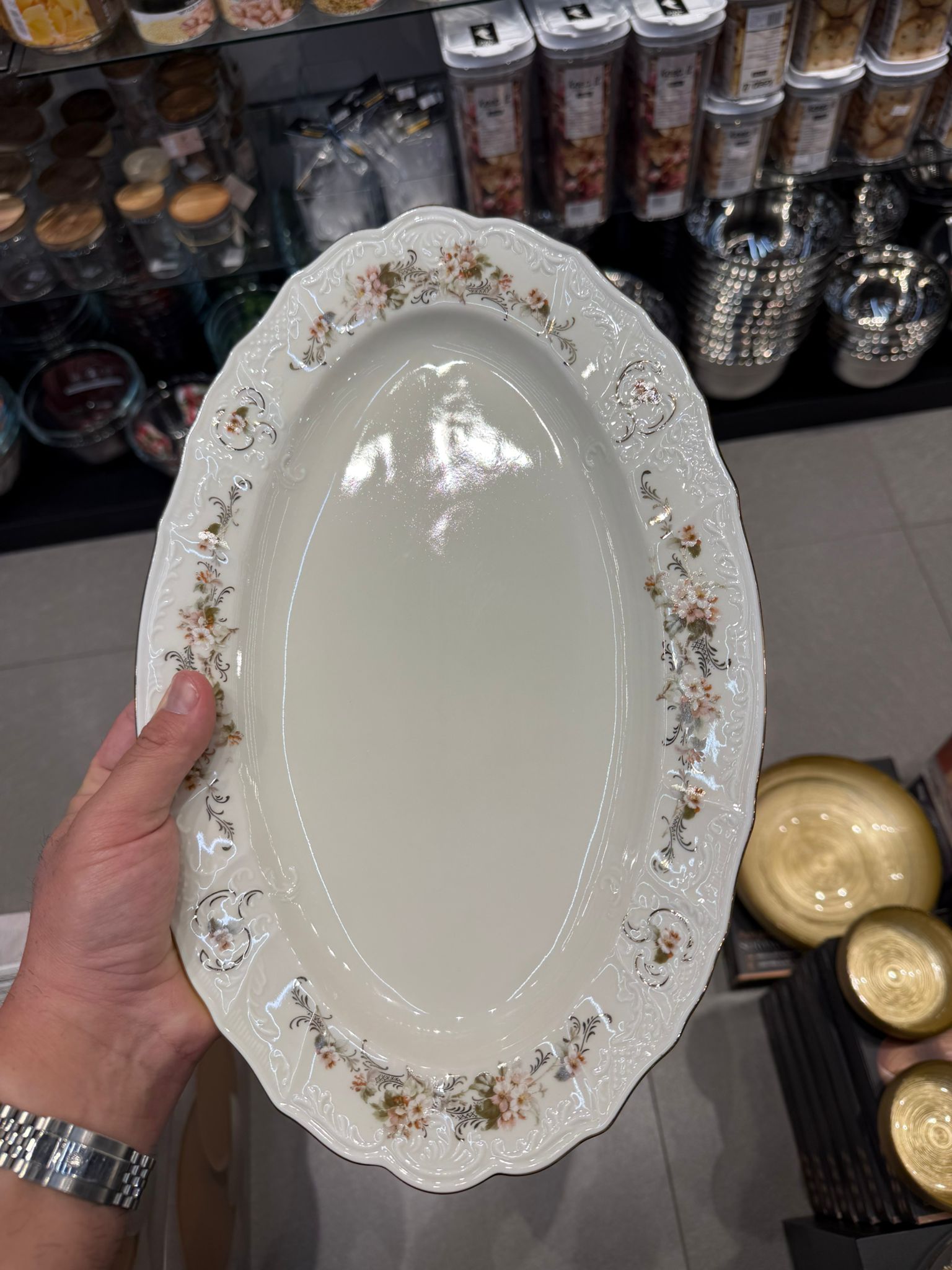פלטת הגשה אובלית 36 ס״מ פורצלן צ׳כי – פרחוני דגם 2011 עיטור פס זהב THUN