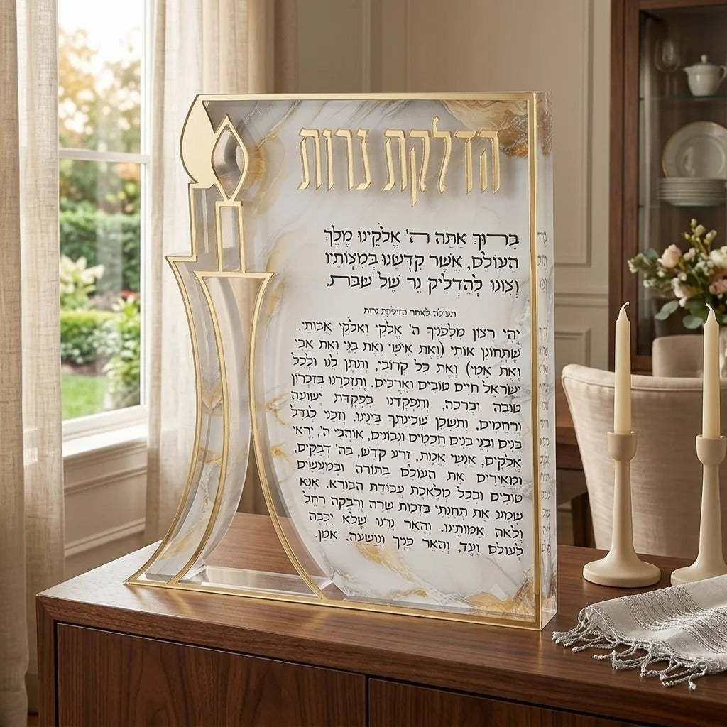 בלוק אקרילי - הדלקת נרות עם עיצוב נרות מובלטים והדפסה זהב 23X20 ס"מ