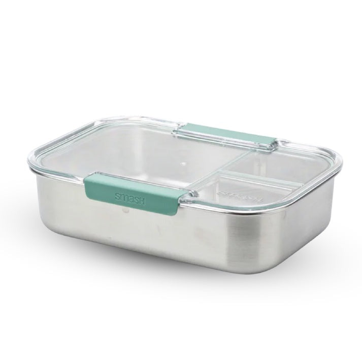 food-appeal קופסת אוכל Microwave Safe מלבנית מחולקת 3 תאים נירוסטה 1.3 ל' מכסה TRITAN ירוק הרמטי