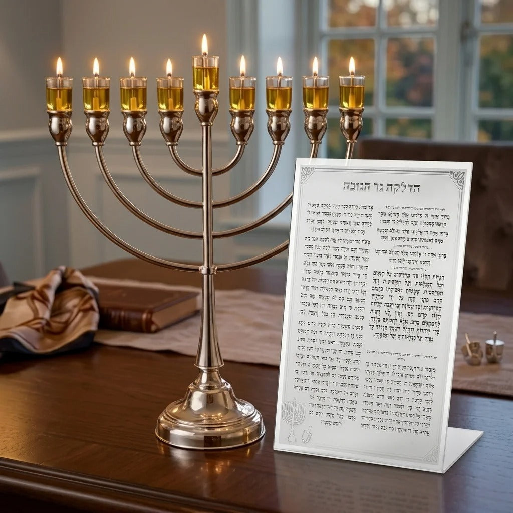ברכה אקריליק הדלקת נרות חנוכה כסף רקע לבן 22 ס"מ