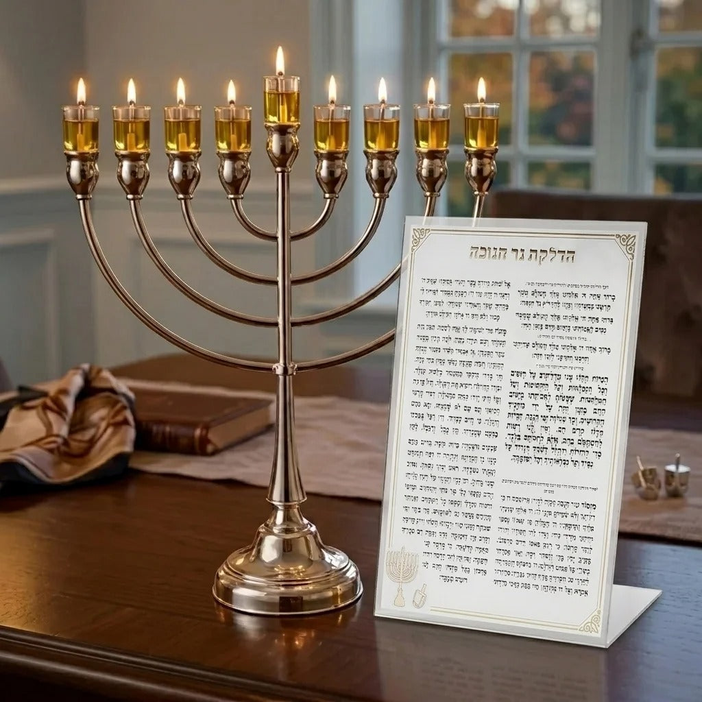 ברכה אקריליק הדלקת נרות חנוכה זהב רקע לבן 22 ס"מ