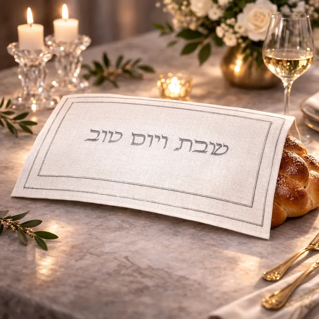 מפה לכיסוי חלה - פשתן אופוויט עם ריקמה כסף "שבת ויום טוב" 45x55 ס"מ