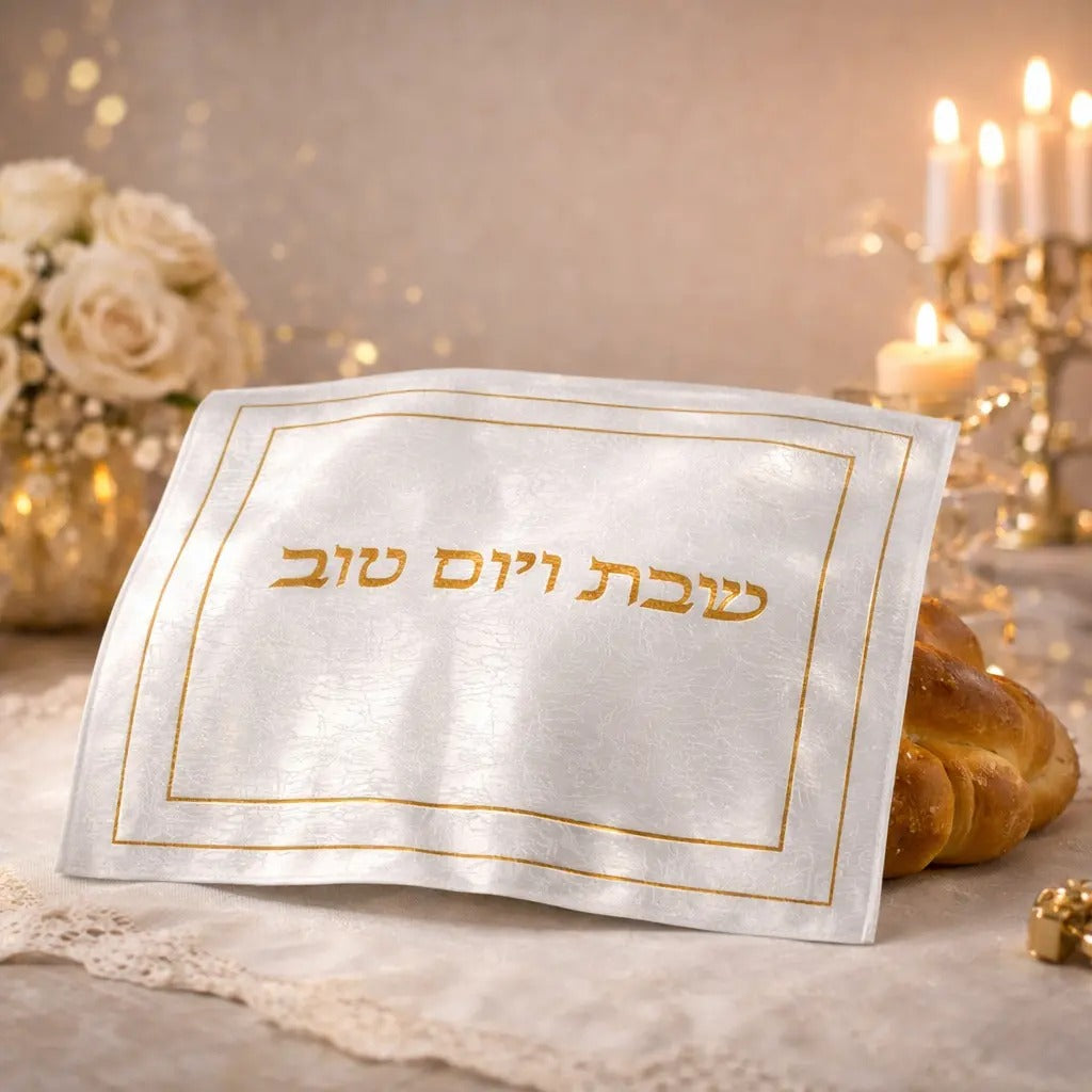 מפה לכיסוי חלה - פשתן לבן עם ריקמה זהב "שבת ויום טוב" 45x55 ס"מ