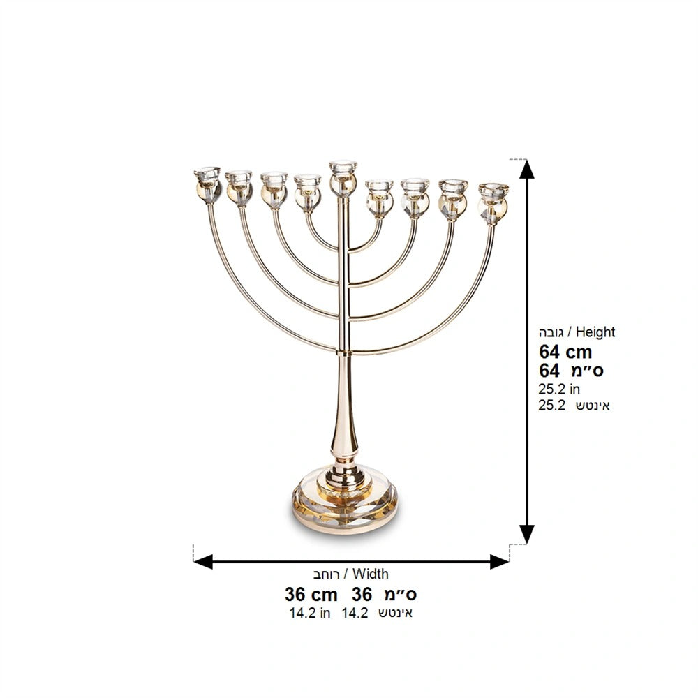 חנוכיה מתכת - "אור הזהב" מתכת רוז גולד עם קנים ובסיס קריסטל 64 ס"מ