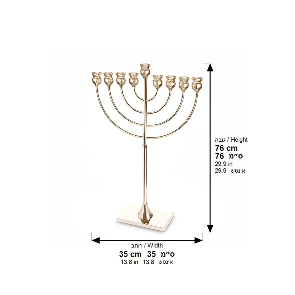 חנוכיה מתכת - "אור הזהב" מתכת גימור זהב עם ראשי קריסטל 76 ס"מ