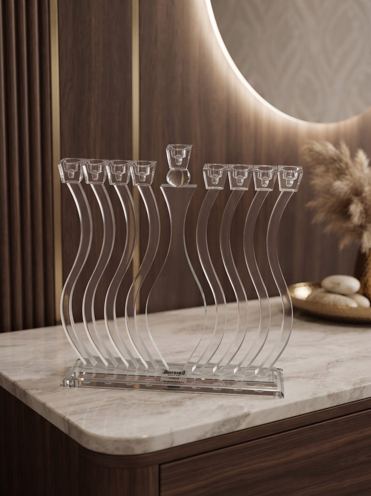 חנוכיה קריסטל - שקוף על בסיס קריסטל סלילים 30X33 ס"מ דגם 14598