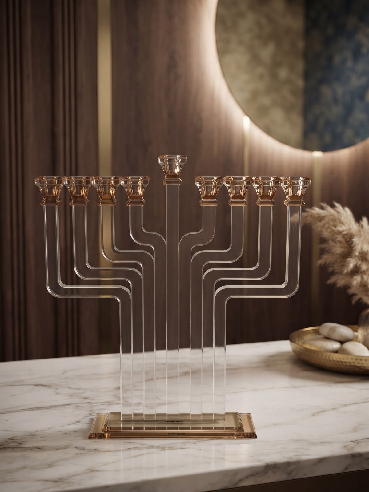 חנוכיה קריסטל - זרועות שקוף על קני ובסיס אמר קריסטל 40X44 ס"מ דגם 14605